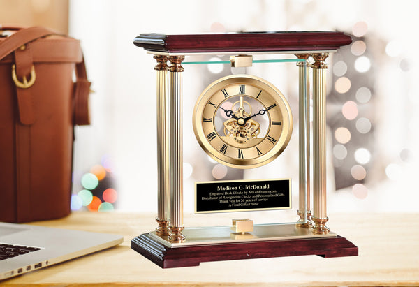 Engraved Clocks Corporate Gifts Personalized Desk Rotating Glass Accent  Clock Luxury Gift Birthday Him Her Years of Service Award Mantel