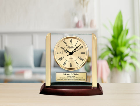 Personalized clock gold post suspended glass panel engraved plaque coworker service award retirement gift boss graduation gift graduate