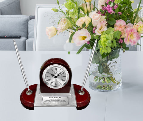 Aluminum silver engrave desk clock double pen set name plate display personalized nameplate customized title promoted coworker boss award