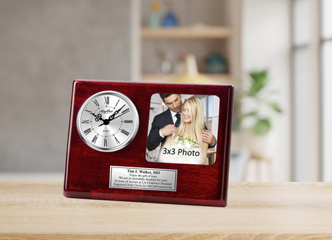 Engraved personalized desk photo frame silver bezel mantel clock wedding anniversary gift birthday retirement service award picture plaque